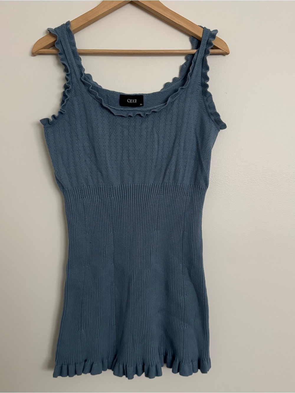 Cider Dusty Blue Ribbed Ruffle Mini Dress